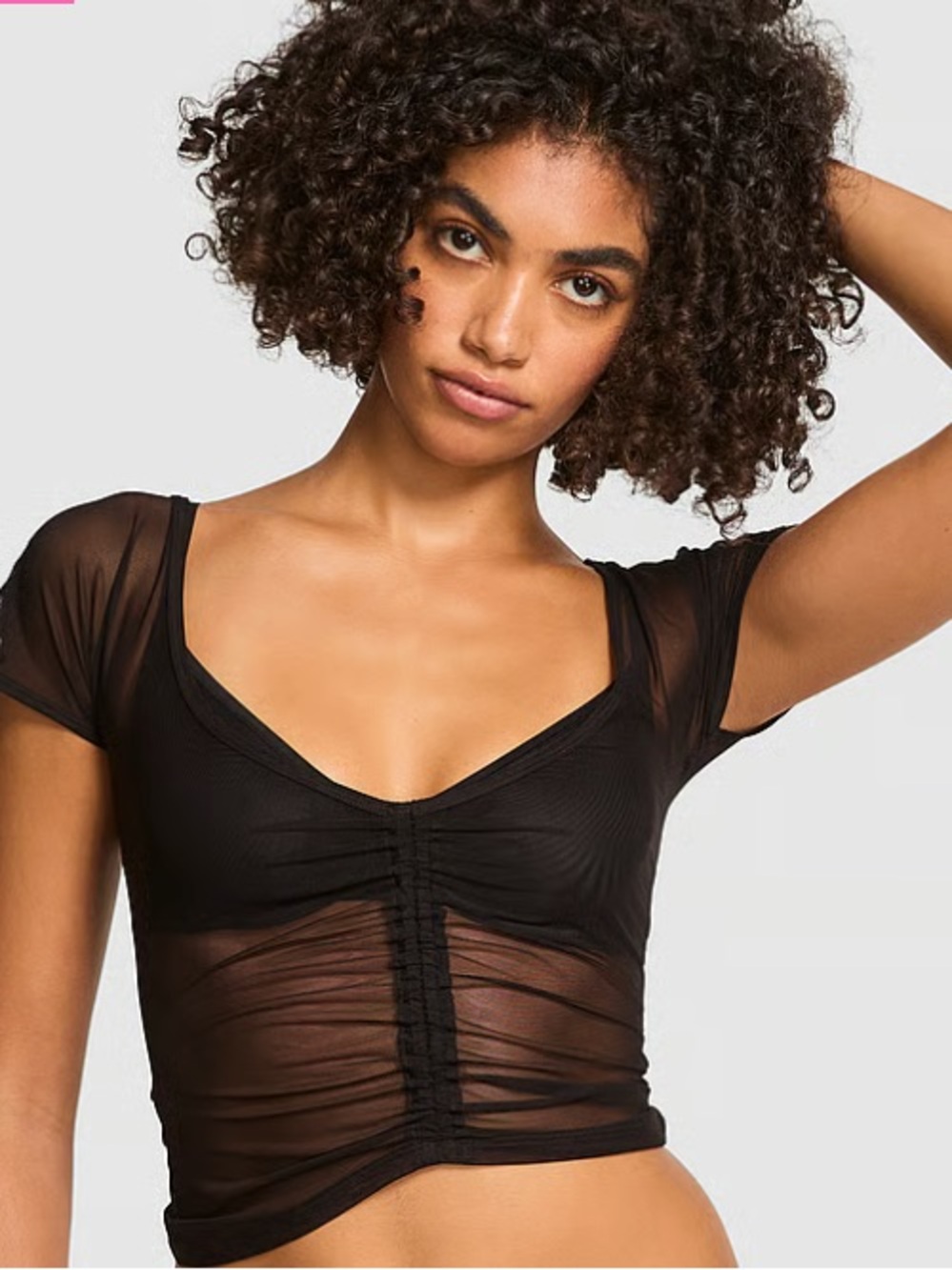 Victoria’s Secret PINK Sheer Black Ruched Mesh Crop Top